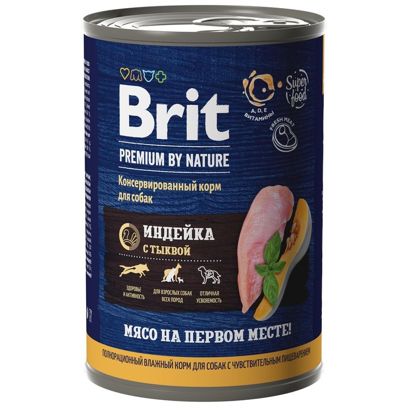 Brit Premium by Nature полнорационный влажный корм для собак с чувствительным пищеварением, фарш из индейки с тыквой, в консервах - 410 г 46478