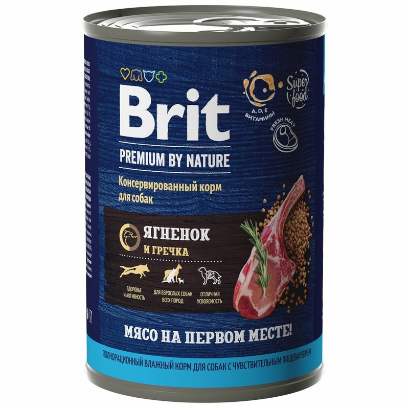Brit Premium by Nature полнорационный влажный корм для собак с чувствительным пищеварением, фарш из ягненка с гречкой, в консервах - 410 г 46479