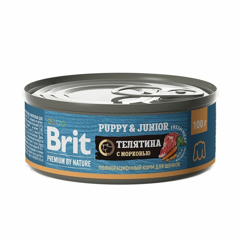 Brit Premium by Nature Puppy & Junior полнорационный влажный корм для щенков, фарш из телятины с морковью, в консервах - 100 г 45126