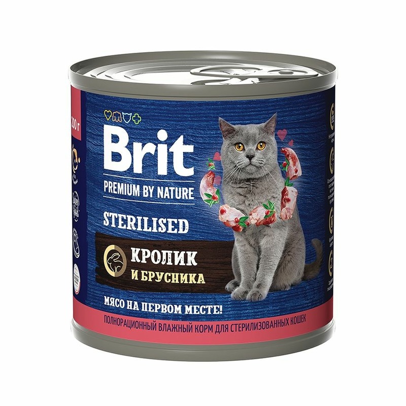 Brit Premium by Nature Sterilised полнорационный влажный корм для стерилизованных кошек, фарш из кролика с брусникой, в консервах - 200 г 45143