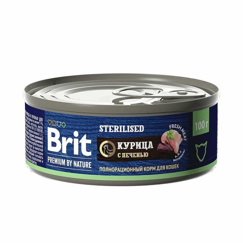 Brit Premium by Nature Sterilised полнорационный влажный корм для стерилизованных кошек, фарш из курицы с печенью, в консервах - 100 г