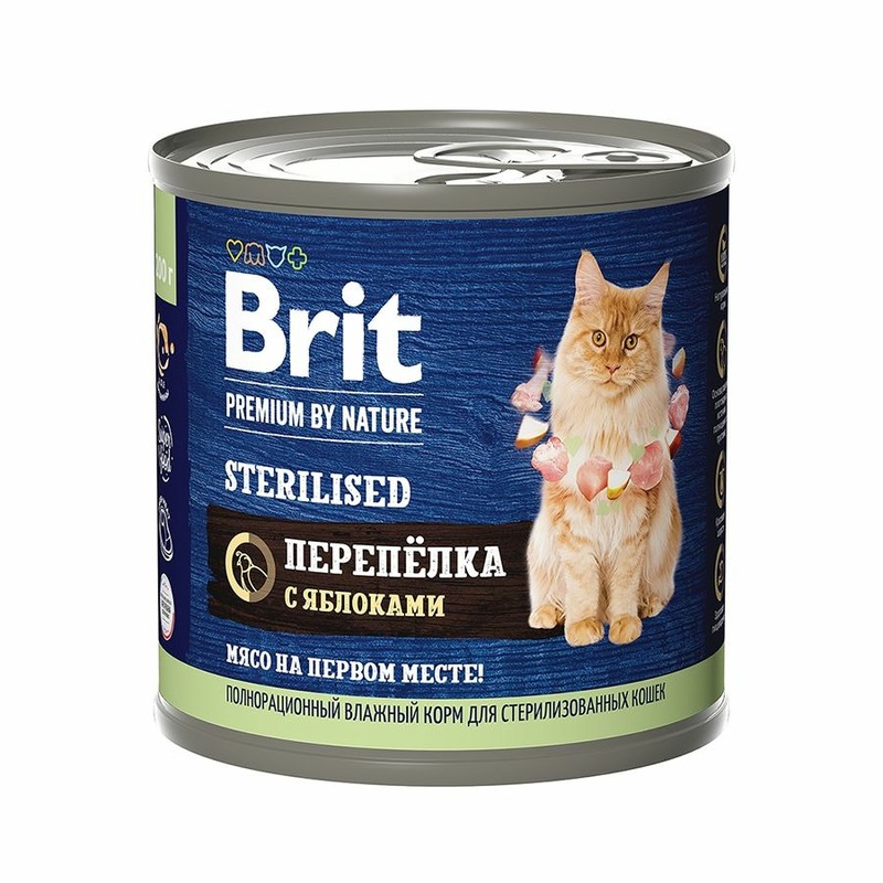 Brit Premium by Nature Sterilised полнорационный влажный корм для стерилизованных кошек, фарш из перепелки с яблоками, в консервах - 200 г 45144