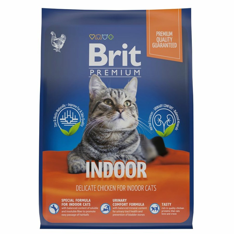 Brit Premium Cat Indoor полнорационный сухой корм для кошек домашнего содержания, с курицей сухой корм для кошек brit premium для здоровья кожи и блеска шерсти с курицей с куриной печенью 800 г