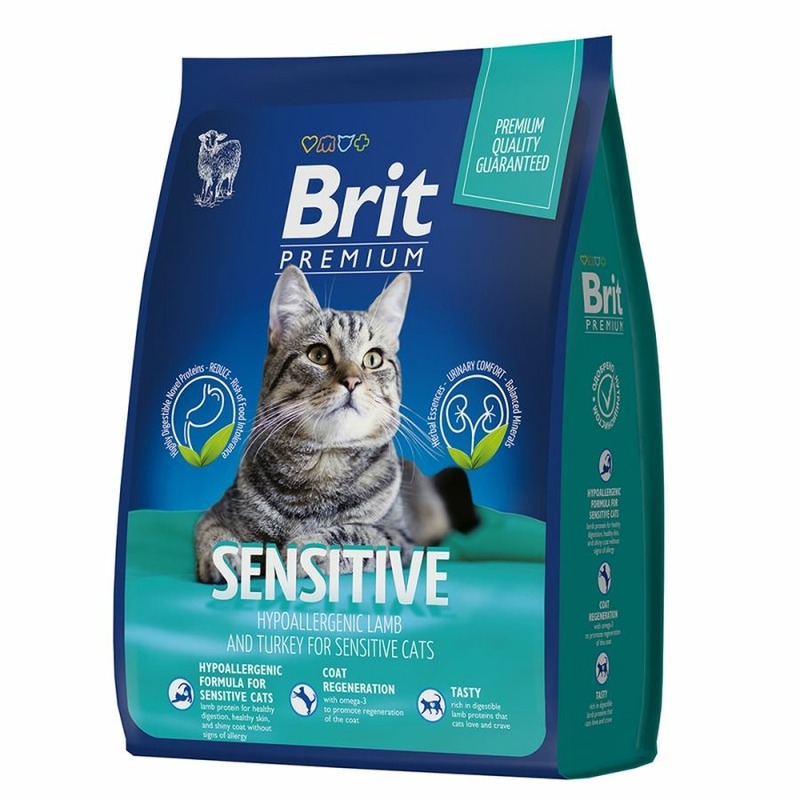 цена Brit Premium Cat Sensitive полнорационный сухой корм для кошек с чувствительным пищеварением, с ягненком и индейкой - 2 кг