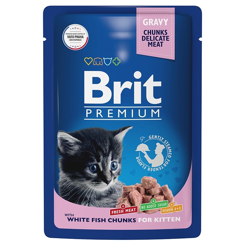 Brit Premium полнорационный влажный корм для котят, с белой рыбой, кусочки в соусе, в паучах - 85 г корм для котят brit premium белая рыба в соусе 85 г