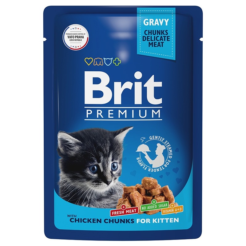 Brit Premium полнорационный влажный корм для котят, с цыпленком, кусочки в соусе, в паучах - 85 г brit premium 5 1 полнорационный влажный корм для стерилизованных кошек с цыпленком кусочки в соусе в паучах 85 г
