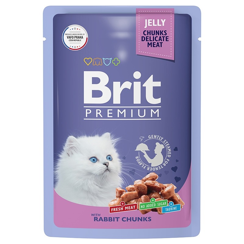 цена Brit Premium полнорационный влажный корм для котят, с кроликом, кусочки в желе, в паучах - 85 г