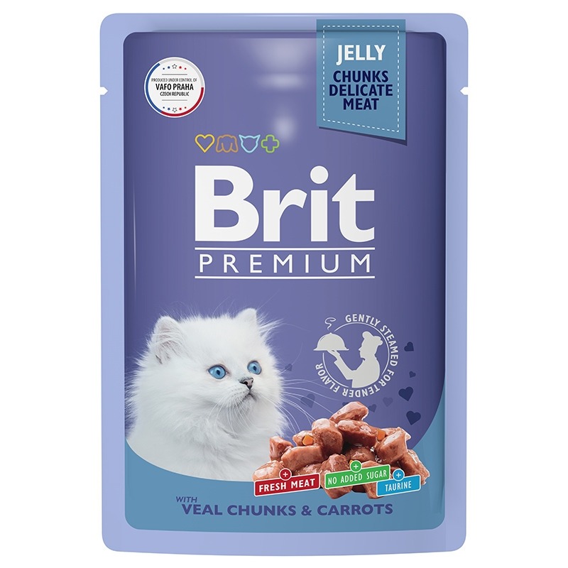 цена Brit Premium полнорационный влажный корм для котят, с телятиной и морковью, кусочки в желе, в паучах - 85 г