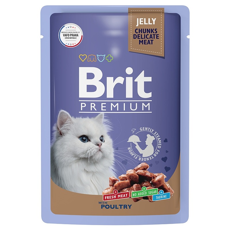 корм влажный brit premium для взрослых кошек треска в желе 85 г Brit Premium полнорационный влажный корм для кошек, ассорти из птицы, кусочки в желе, в паучах - 85 г