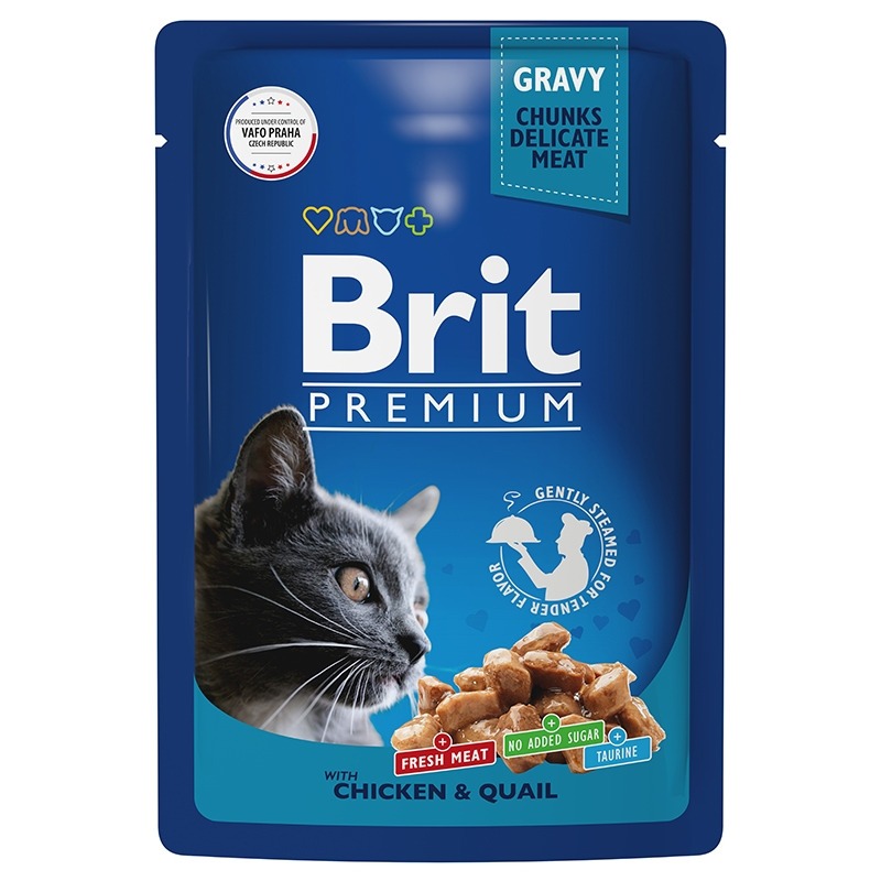 Brit Premium полнорационный влажный корм для кошек, с цыпленком и перепелкой, кусочки в соусе, в паучах - 85 г терра кот сухой корм для кошек с цыпленком