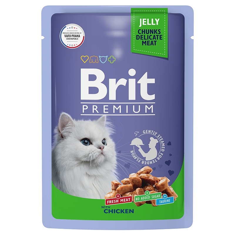 цена Brit Premium полнорационный влажный корм для кошек, с цыпленком, кусочки в желе, в паучах - 85 г