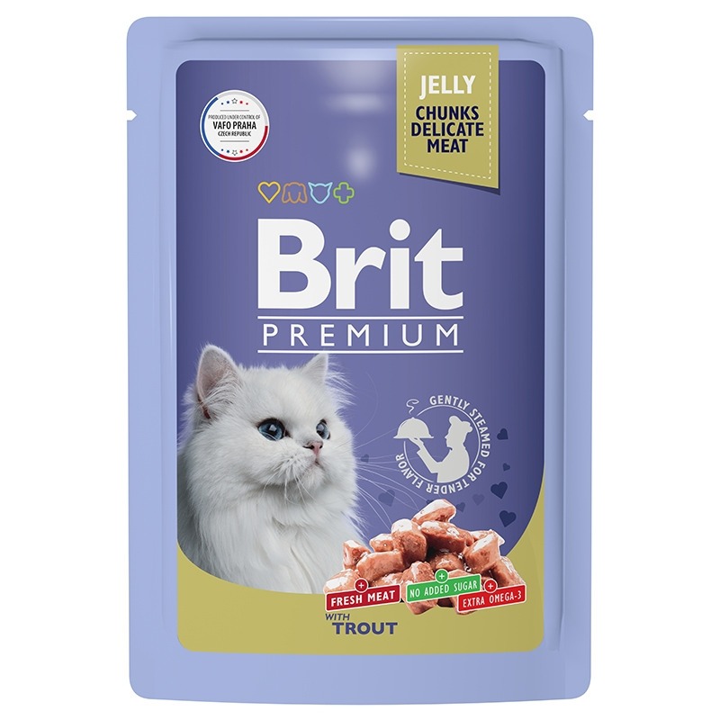 цена Brit Premium полнорационный влажный корм для кошек, с форелью, кусочки в желе, в паучах - 85 г
