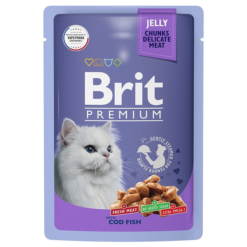 brit premium полнорационный влажный корм для кошек с ягненком кусочки в желе в паучах 85 г Brit Premium полнорационный влажный корм для кошек, с треской, кусочки в желе, в паучах - 85 г