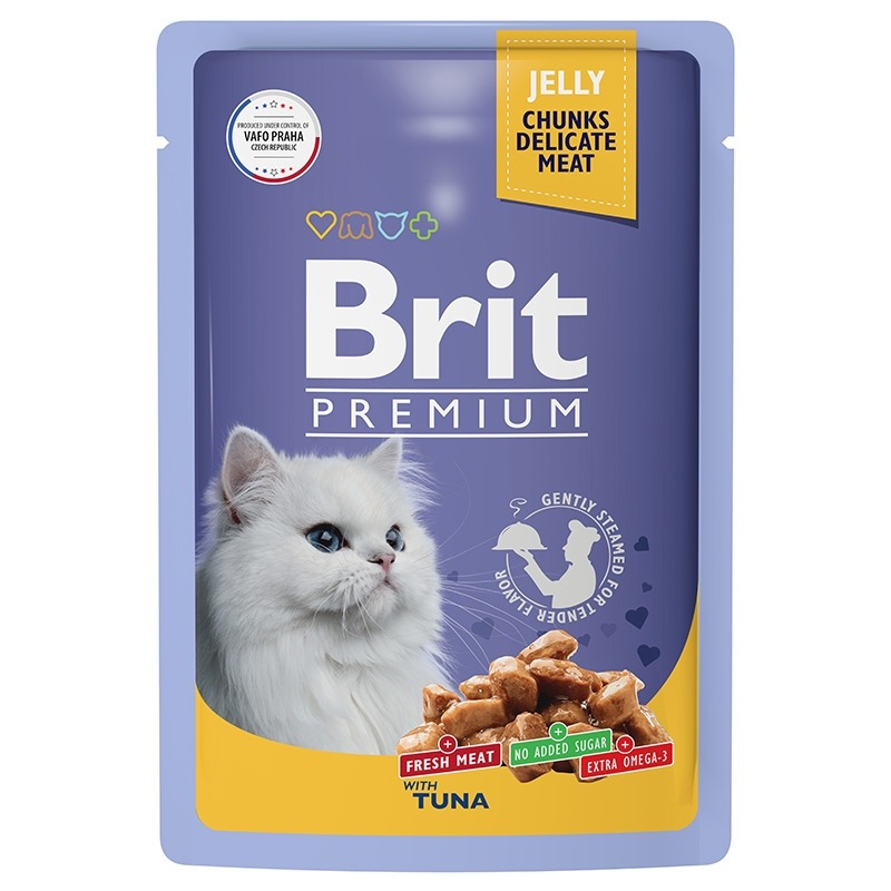 пауч brit premium для взрослых кошек тунец в желе 85гр 4шт Brit Premium полнорационный влажный корм для кошек, с тунцом, кусочки в желе, в паучах - 85 г