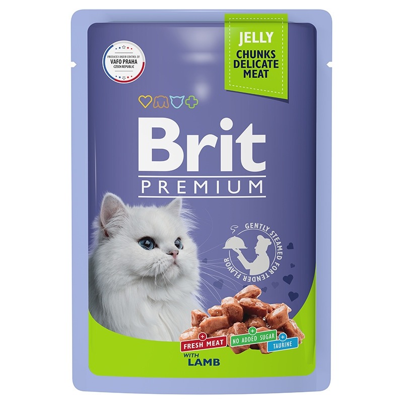 brit premium полнорационный влажный корм для кошек с тунцом кусочки в желе в паучах 85 г Brit Premium полнорационный влажный корм для кошек, с ягненком, кусочки в желе, в паучах - 85 г