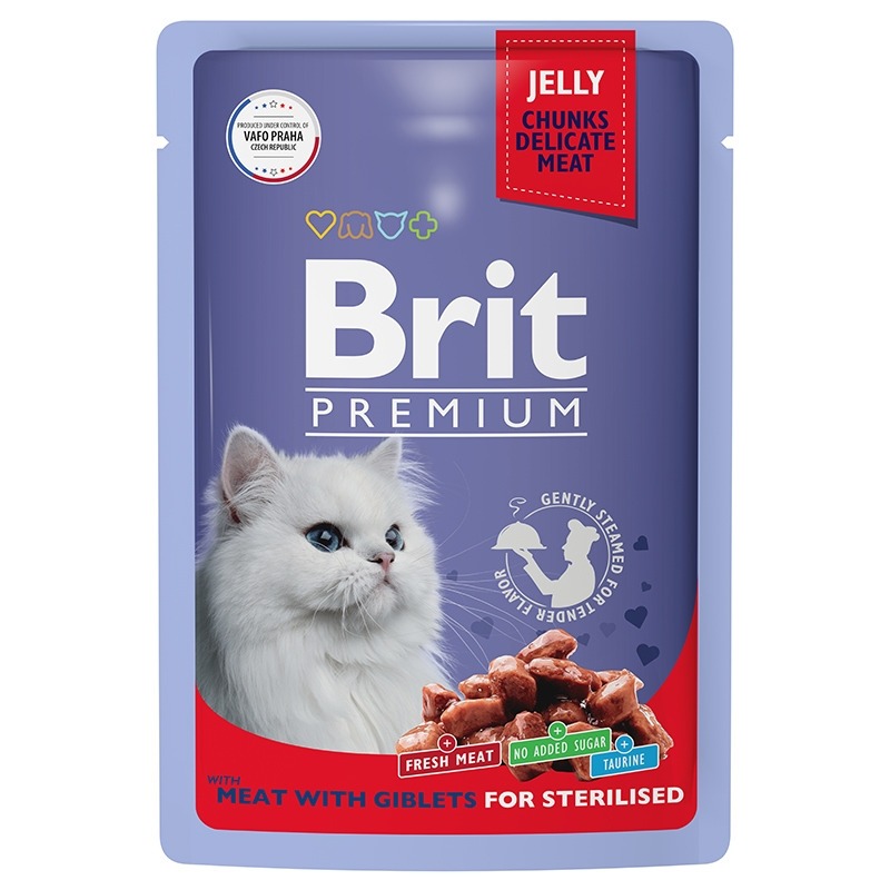 Brit Premium полнорационный влажный корм для стерилизованных кошек, мясное ассорти с потрошками, кусочки в желе, в паучах - 85 г 5050222 - фото 1