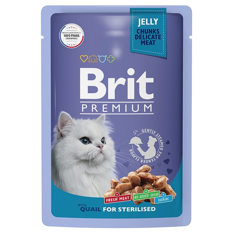 цена Brit Premium полнорационный влажный корм для стерилизованных кошек, с перепелкой, кусочки в желе, в паучах - 85 г