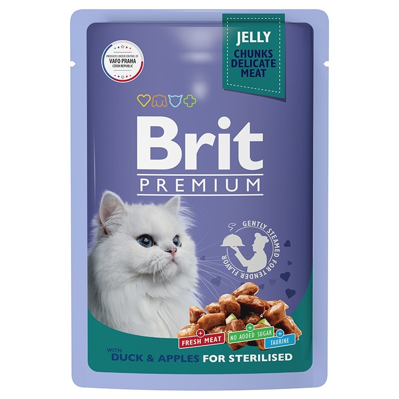 цена Brit Premium полнорационный влажный корм для стерилизованных кошек, с уткой и яблоками, кусочки в желе, в паучах - 85 г