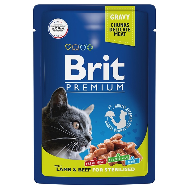 Brit Premium полнорационный влажный корм для стерилизованных кошек, с ягненком и говядиной, кусочки в соусе, в паучах - 85 г prime adult влажный корм для кошек с говядиной кусочки в соусе в консервах 75 г