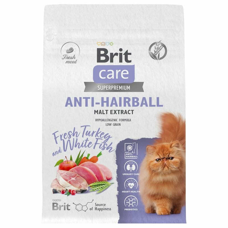 Brit Сare Cat Anti-Hairball сухой корм для кошек, с белой рыбой и индейкой - 0,4 кг