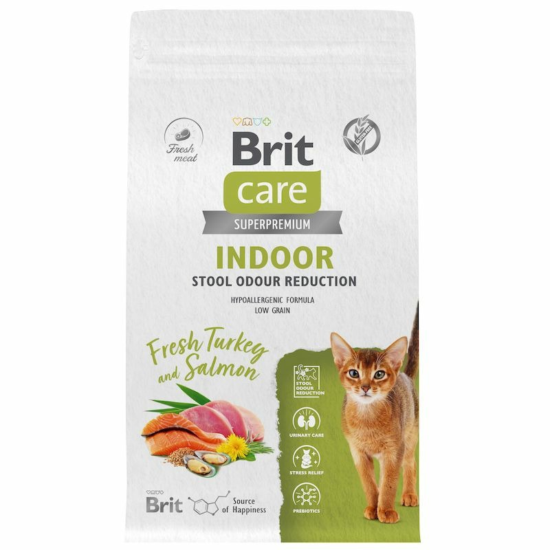 Brit Сare Cat Indoor Stool Odour Reduction сухой корм для кошек, с индейкой и лососем - 1,5 кг корм сухой landor для взрослых кошек полнорационный для шерсти и здоровья кожи c индейкой и лососем 2кг