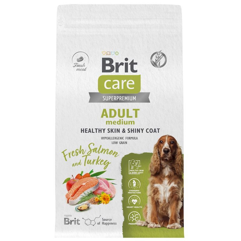 Brit Сare Dog Adult M Healthy Skin&Shiny Coat сухой корм для собак средних пород, с лососем и индейкой - 1,5 кг