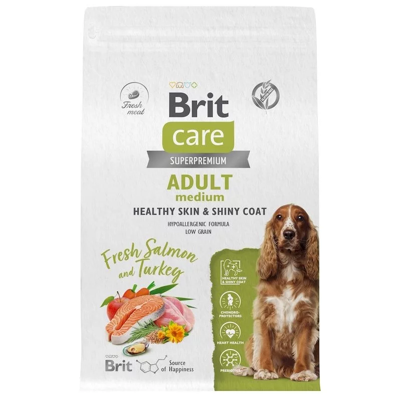 

Brit Care Dog Adult M Healthy Skin&Shiny Coat сухой корм для взрослых собак средних пород для кожи и шерсти, с лососем и индейкой - 3 кг повседневный супер премиум низкозерновые для взрослых с индейкой  мешок Россия 1 уп. х 1 шт. х