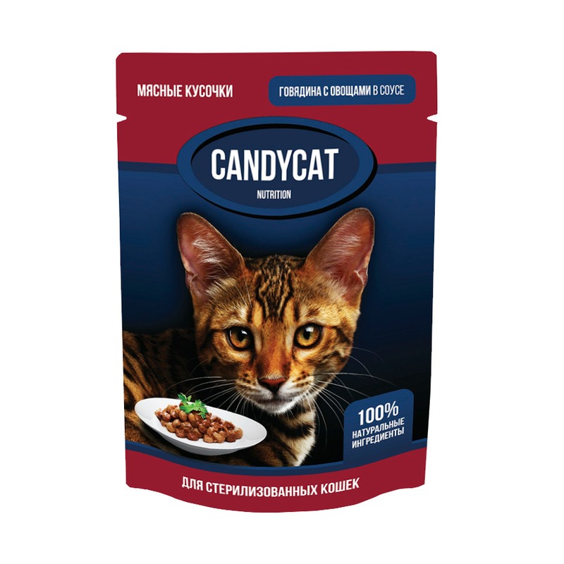 Candycat полнорационный влажный корм для стерилизованных кошек, с говядиной и овощами, кусочки в соусе, в паучах - 85 г зоогурман полнорационный влажный корм для кошек поддержание функции почек с говядиной и овощами кусочки в соусе в паучах 85 г