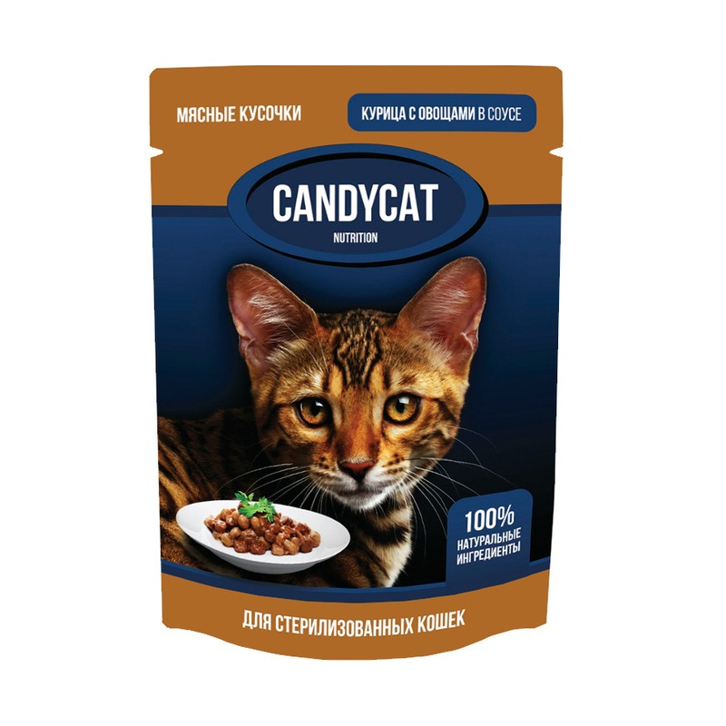 Candycat полнорационный влажный корм для стерилизованных кошек с курицей и овощами, кусочки в соусе, в паучах - 85 г gina влажный корм для кошек с тунцом и овощами кусочки в соусе в паучах 85 г