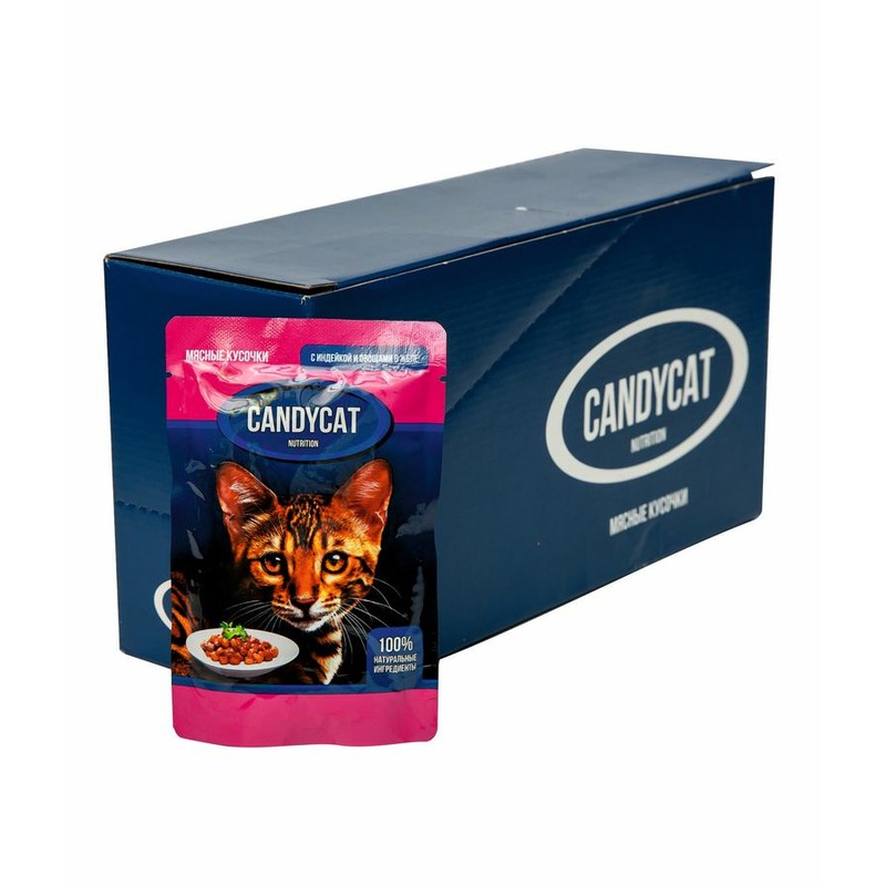 цена Candycat полнорационный влажный корм для кошек, с индейкой и овощами, кусочки в желе, в паучах - 85 г