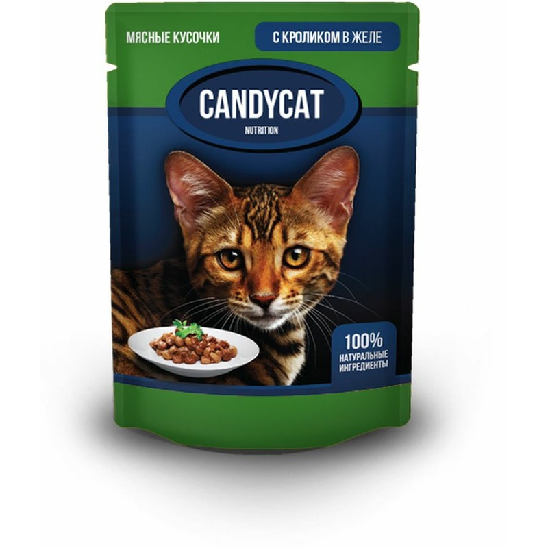 Candycat полнорационный влажный корм для кошек, с кроликом, кусочки в желе, в паучах - 85 г консервированный корм ночной охотник 415 гр х 20шт кролик сердце кусочки в желе