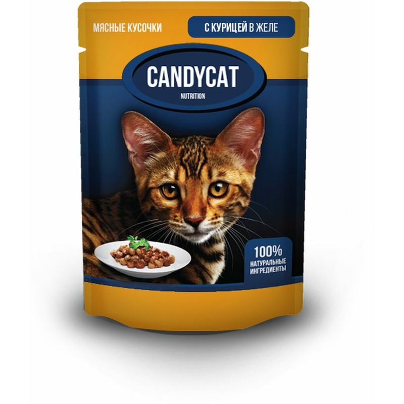 цена Candycat полнорационный влажный корм для кошек, с курицей, кусочки в желе, в паучах - 85 г
