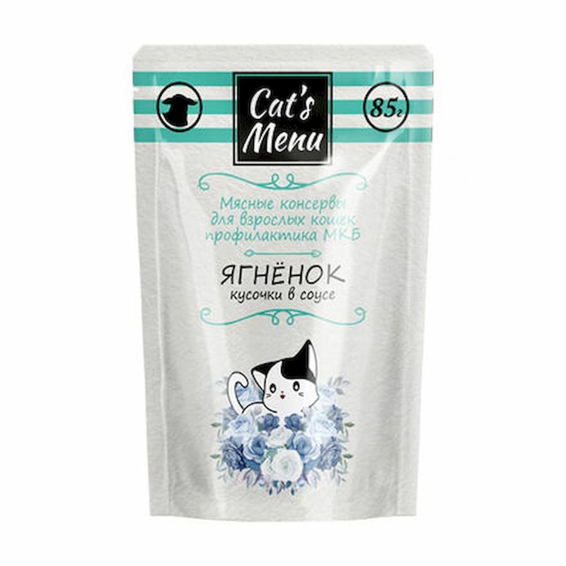 Cat`s Menu влажный корм для взрослых кошек для профилактики МКБ с ягненком, кусочки в соусе, в паучах - 85 г
