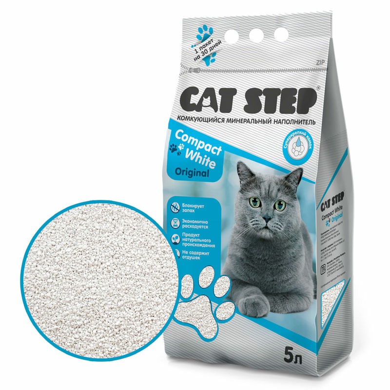 Cat Step Compact White Original наполнитель для кошачьих туалетов минеральный комкующийся, 5 л 35702