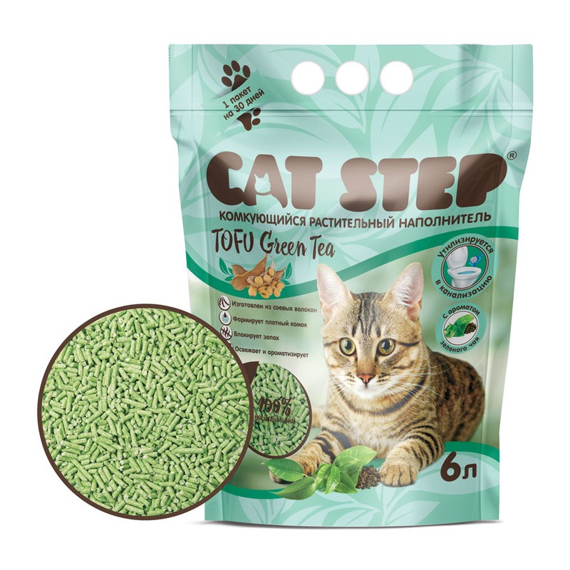 Cat Step Tofu Green Tea наполнитель для кошек комкующийся растительный - 6 л kit cat zeolite charcoal green tea lush цеолитовый комкующийся наполнитель с ароматом зеленого чая 4 кг