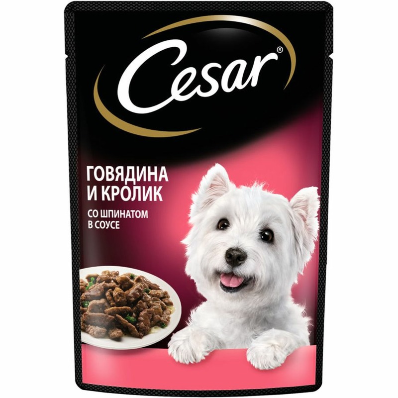 Cesar полнорационный влажный корм для собак, с говядиной, кроликом и шпинатом, кусочки в соусе, в паучах - 85 г 38162