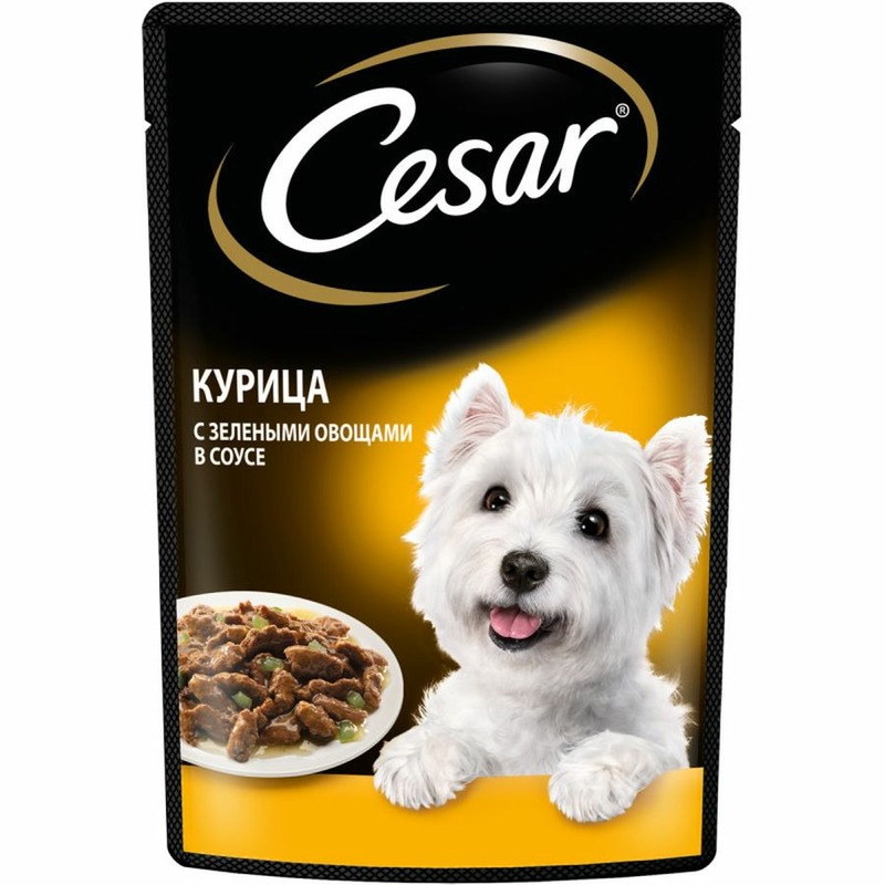Cesar полнорационный влажный корм для собак, с курицей и зелеными овощами, кусочки в соусе, в паучах - 85 г 38166