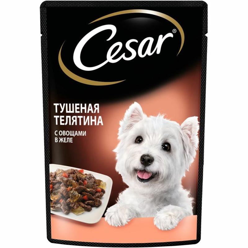 Cesar полнорационный влажный корм для собак, с тушеной телятиной с овощами, кусочки в желе, в паучах - 85 г 38167