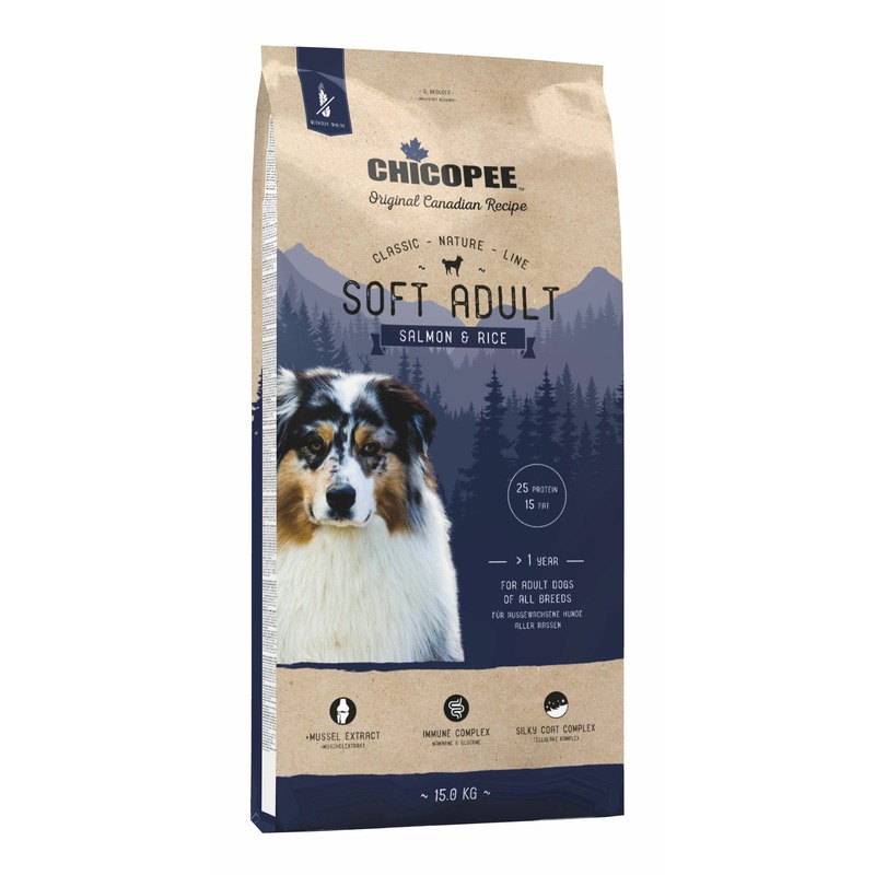 цена Chicopee CNL Soft Adult Salmon & Rice полувлажный корм для взрослых собак всех пород с лососем и рисом