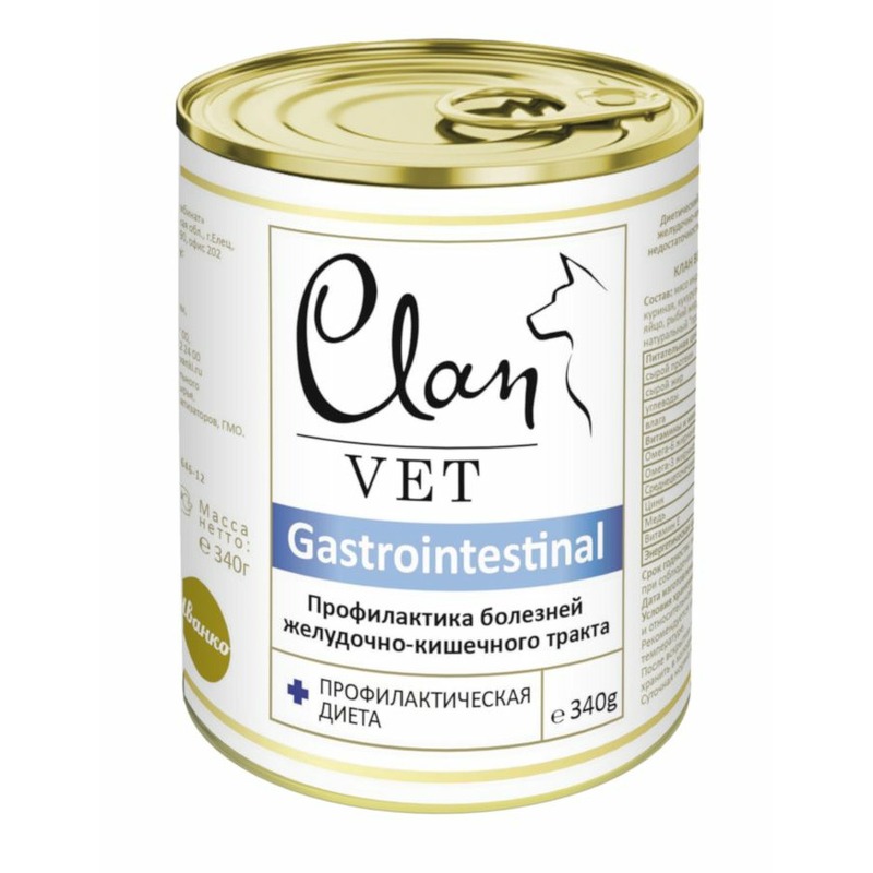 Clan Vet Gastrointestinal влажный корм для собак, для профилактики болезней ЖКТ, диетический, фарш, в консервах - 340 г clan vet recovery влажный корм для собак и кошек восстановительная диета диетический паштет в консервах 340 г
