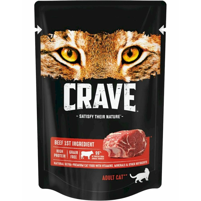 Crave полнорационный влажный корм для кошек, с говядиной, кусочки в желе, в паучах - 70 г 52176
