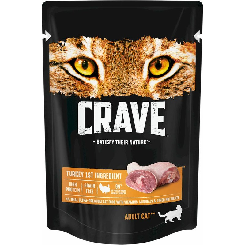 Crave полнорационный влажный корм для кошек, с индейкой, кусочки в желе, в паучах - 70 г