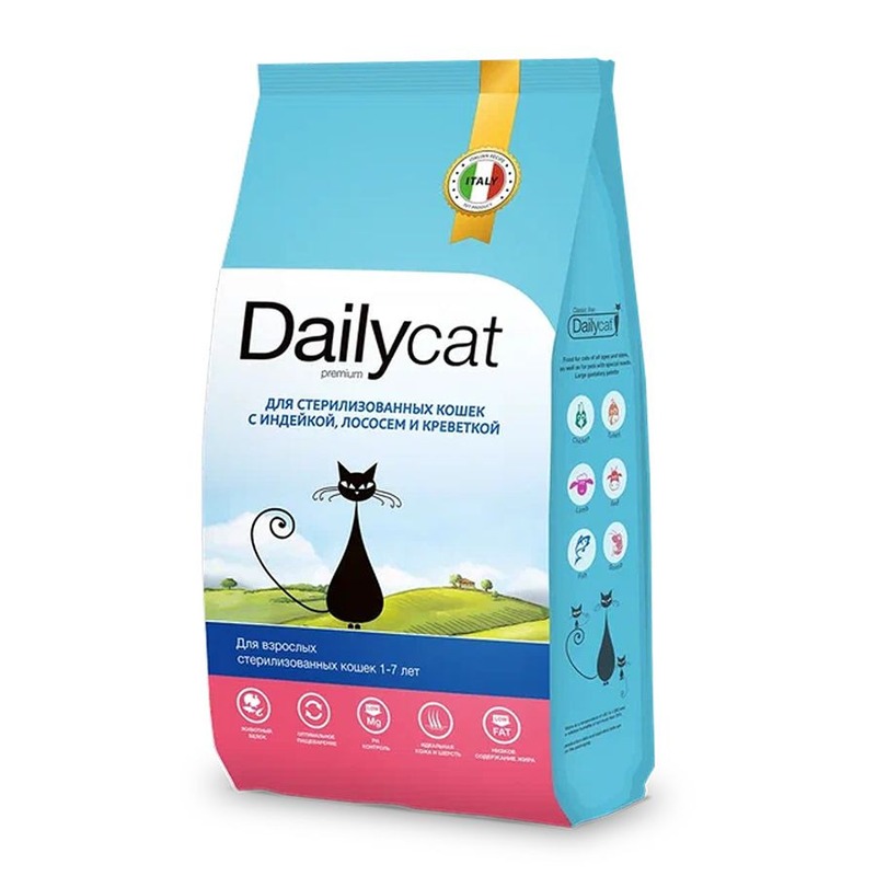 Dailycat Classic line сухой корм для стерилизованных кошек, с индейкой, лососем и креветкой - 3 кг премиум для взрослых с индейкой для всех пород мешок Россия 1 уп. х 1 шт. х 3 кг, размер Для всех пород