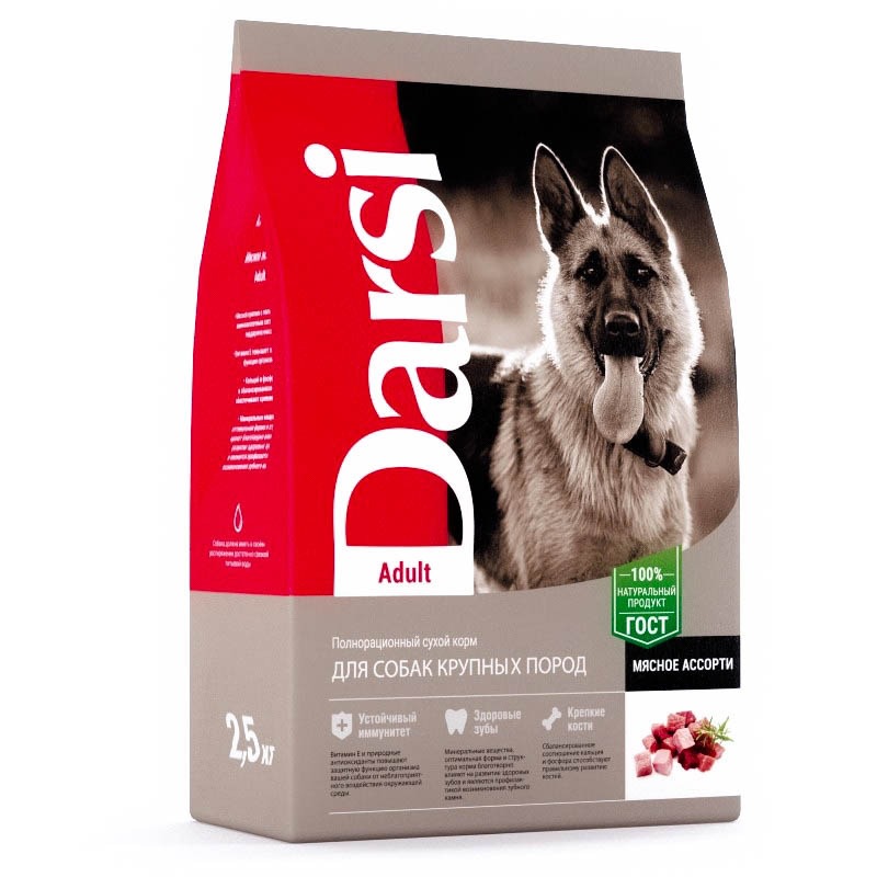 цена Darsi Adult полнорационный сухой корм для собак крупных пород, мясное ассорти - 2,5 кг