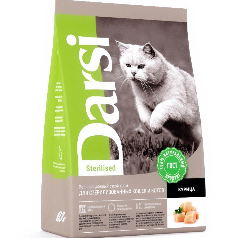 Darsi Sterilised полнорационный сухой корм для стерилизованных кошек и котов, с курицей - 300 г 40578