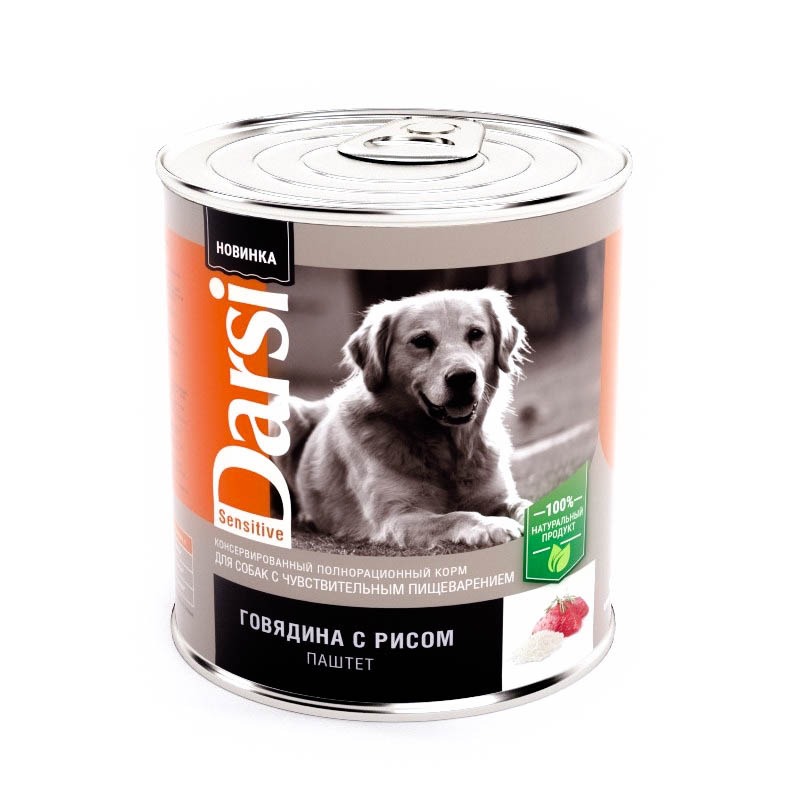 цена Darsi Sensitive полнорационный влажный корм для собак с чувствительным пищеварением, паштет с говядиной и рисом, в консервах - 850 г