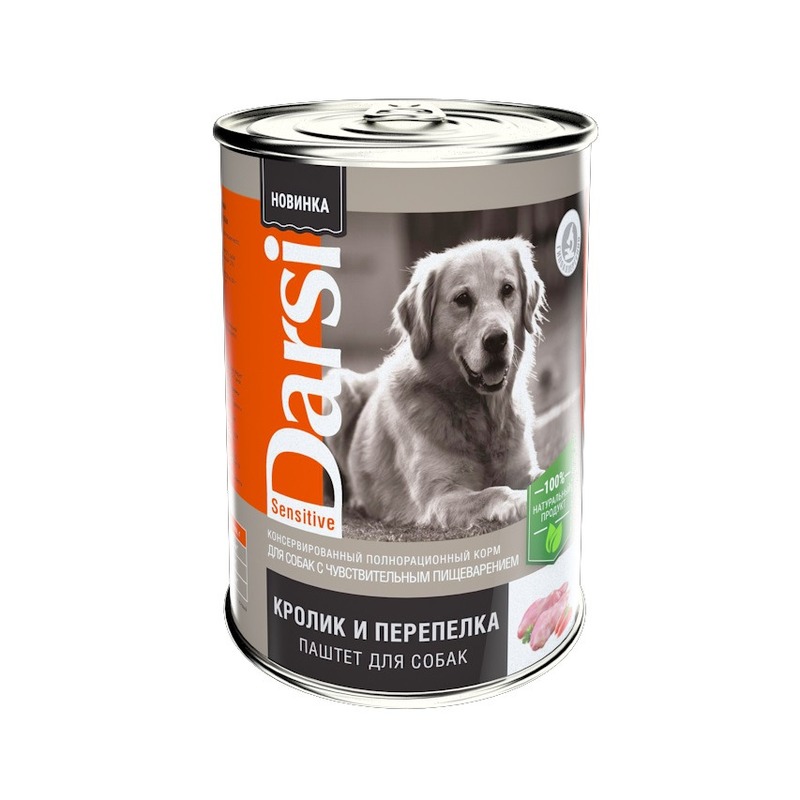 цена Darsi Sensitive полнорационный влажный корм для собак с чувствительным пищеварением, паштет с кроликом и перепелкой, в консервах - 410 г