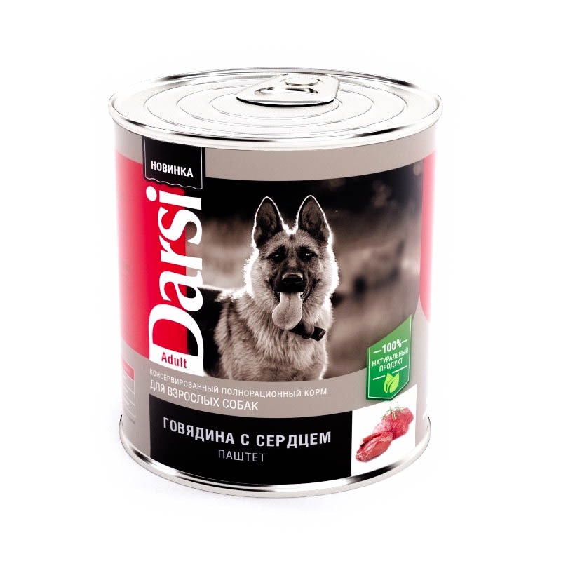 Darsi Adult полнорационный влажный корм для собак, паштет с говядиной и сердцем, в консервах - 850 г