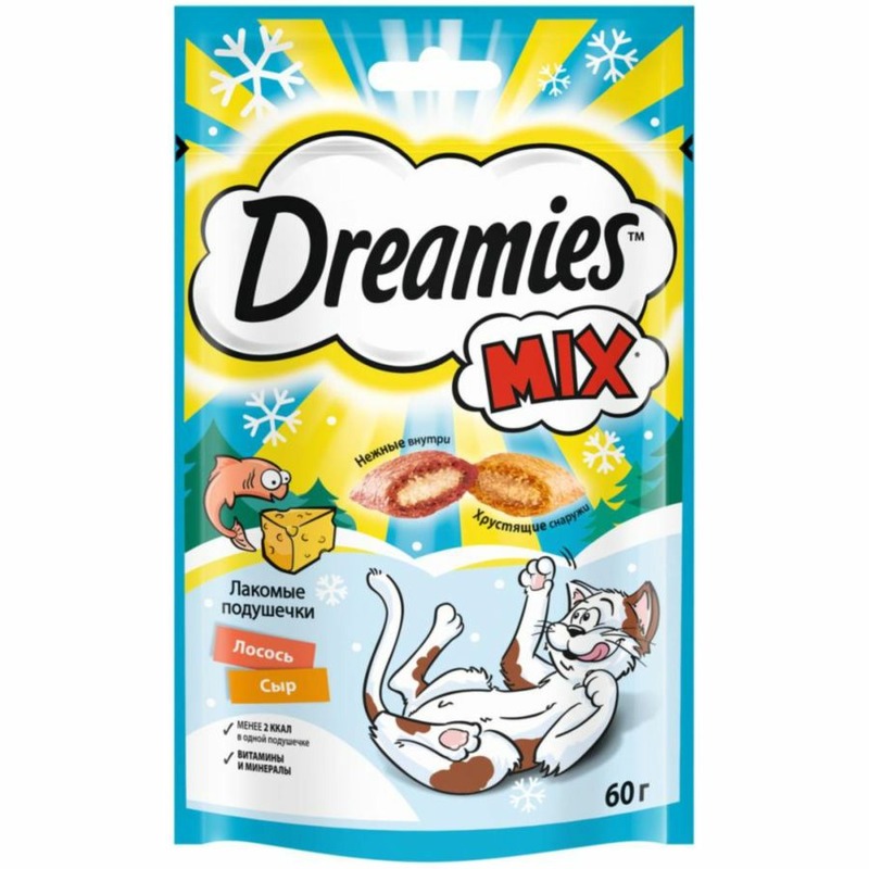 Dreamies Dreamies лакомство для взрослых кошек с лососем и сыром - 60 г лакомство для кошек dreamies подушечки с сыром 360 г шоу бокс