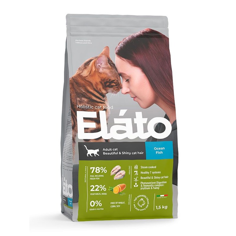 Elato Holistic сухой корм для взрослых кошек для красивой и блестящей шерсти, с рыбой - 300 г супер премиум холистики для взрослых с рыбой мешок Италия 1 уп. х 1 шт. х 0.3 кг VК-00020434 - фото 1